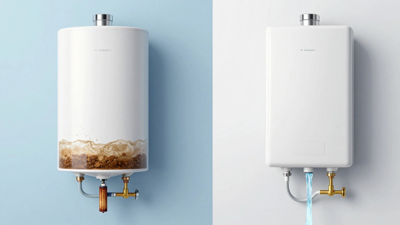 Diagram comparing tank vs tankless water heater internals