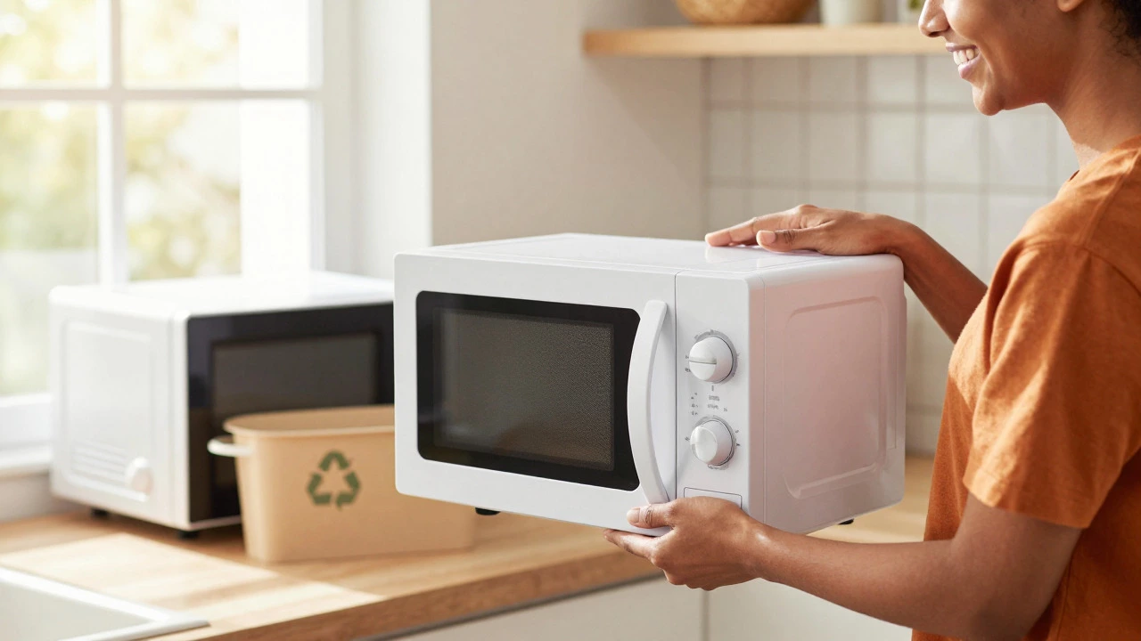 Person discarding old microwave and buying a new one in bright kitchen