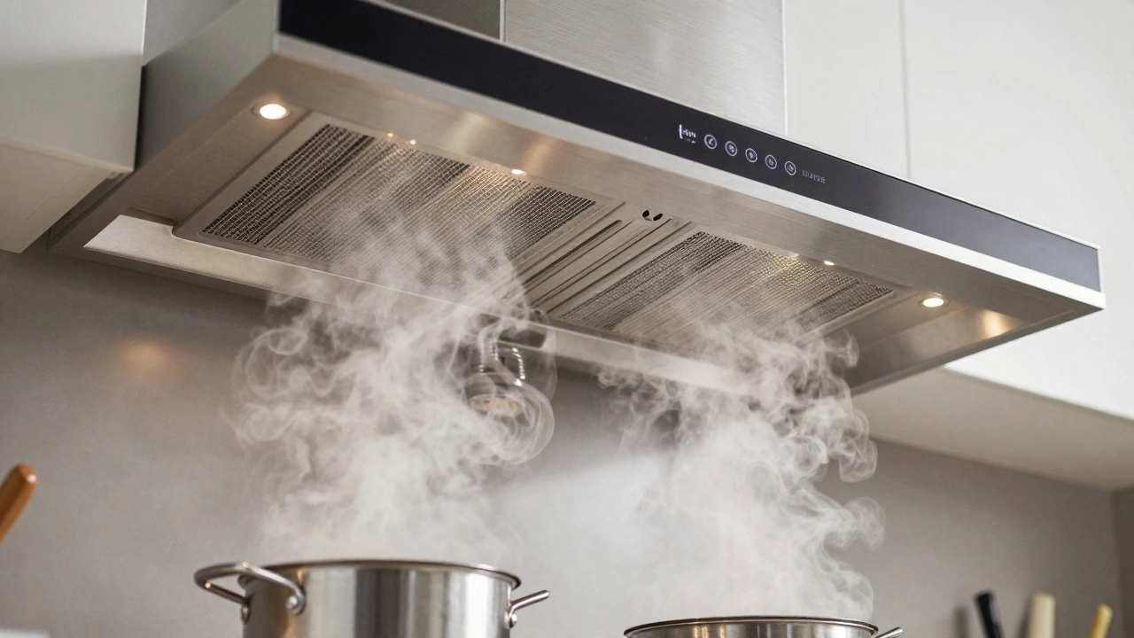 Recirculating range hood filtering steam above stovetop in modern kitchen