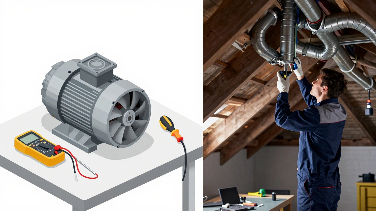 Split view of DIY fan repair and professional ductwork fix