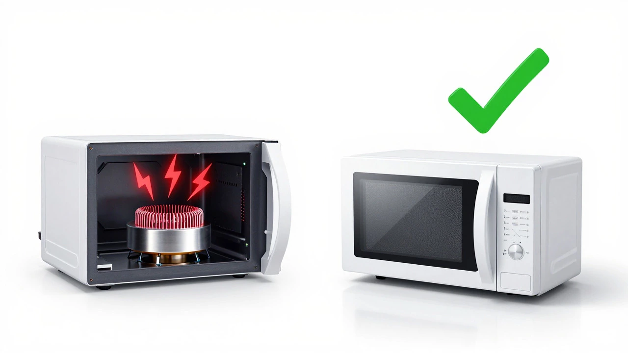 Split view showing dangerous microwave internals vs new replacement unit