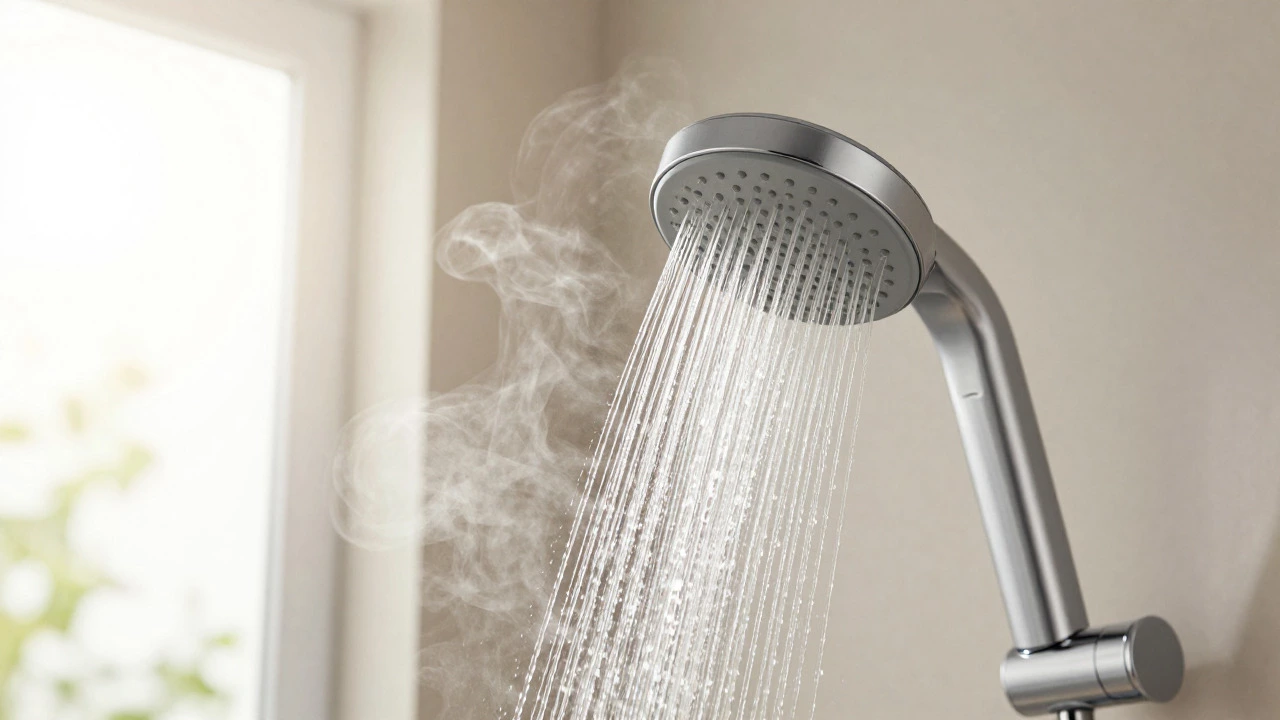 Steam rising from a working shower head in a bright bathroom