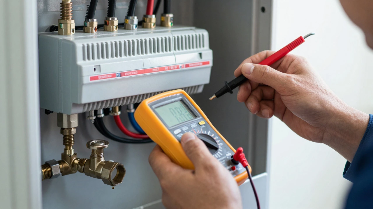 Technician using a multimeter to diagnose water heater electrical parts.