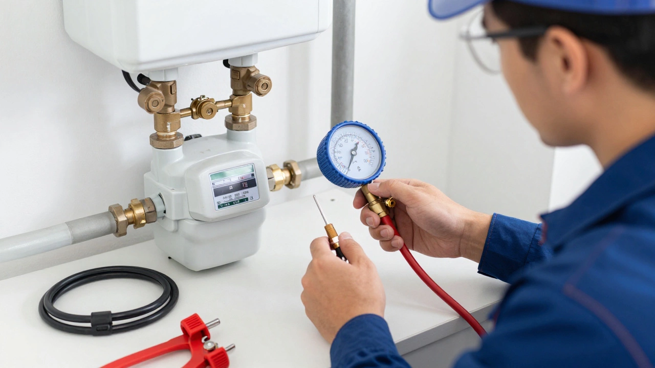Technician using pressure gauge to inspect gas meter
