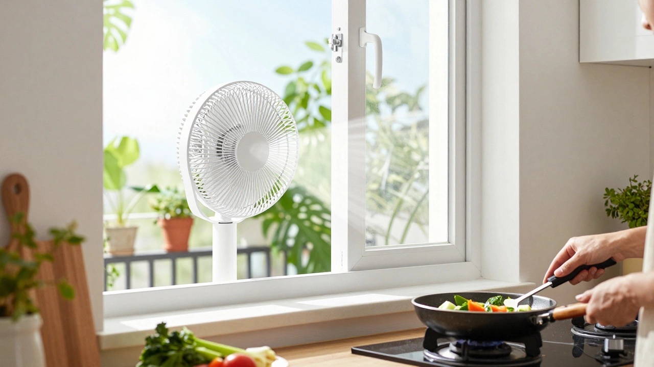 Window exhaust fan installed in kitchen window expelling air to balcony