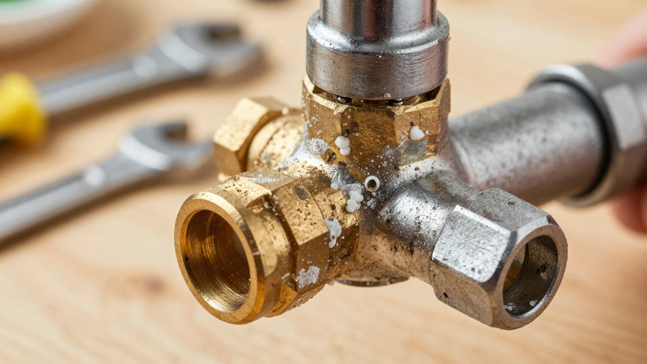Close-up of clogged shower cartridge with white mineral deposits