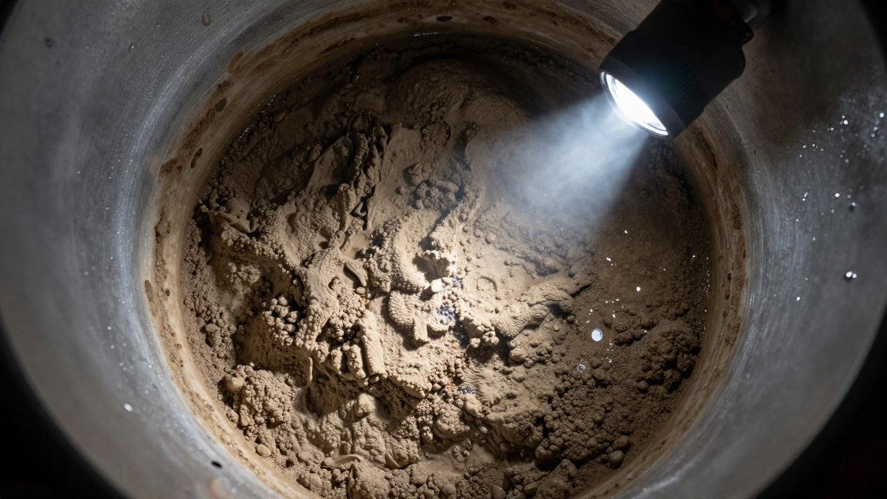 Close-up of sediment buildup at the bottom of a water heater tank