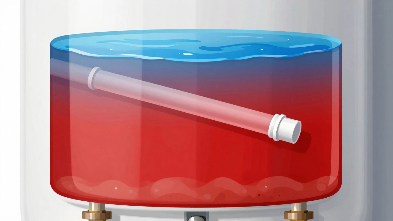 Cutaway diagram of water heater showing broken dip tube and mixed water