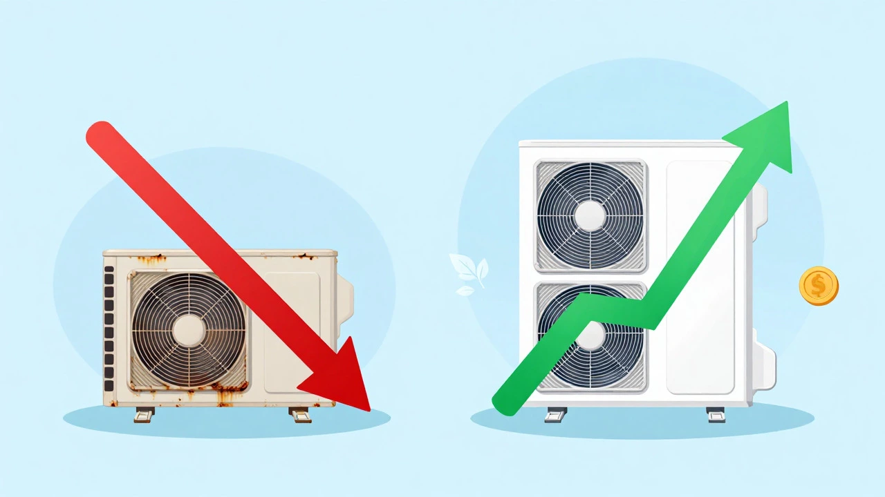 Illustration comparing an old failing heat pump with a new efficient eco-friendly model