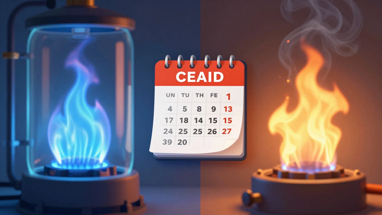 Illustration comparing efficient blue flames with inefficient yellow ones