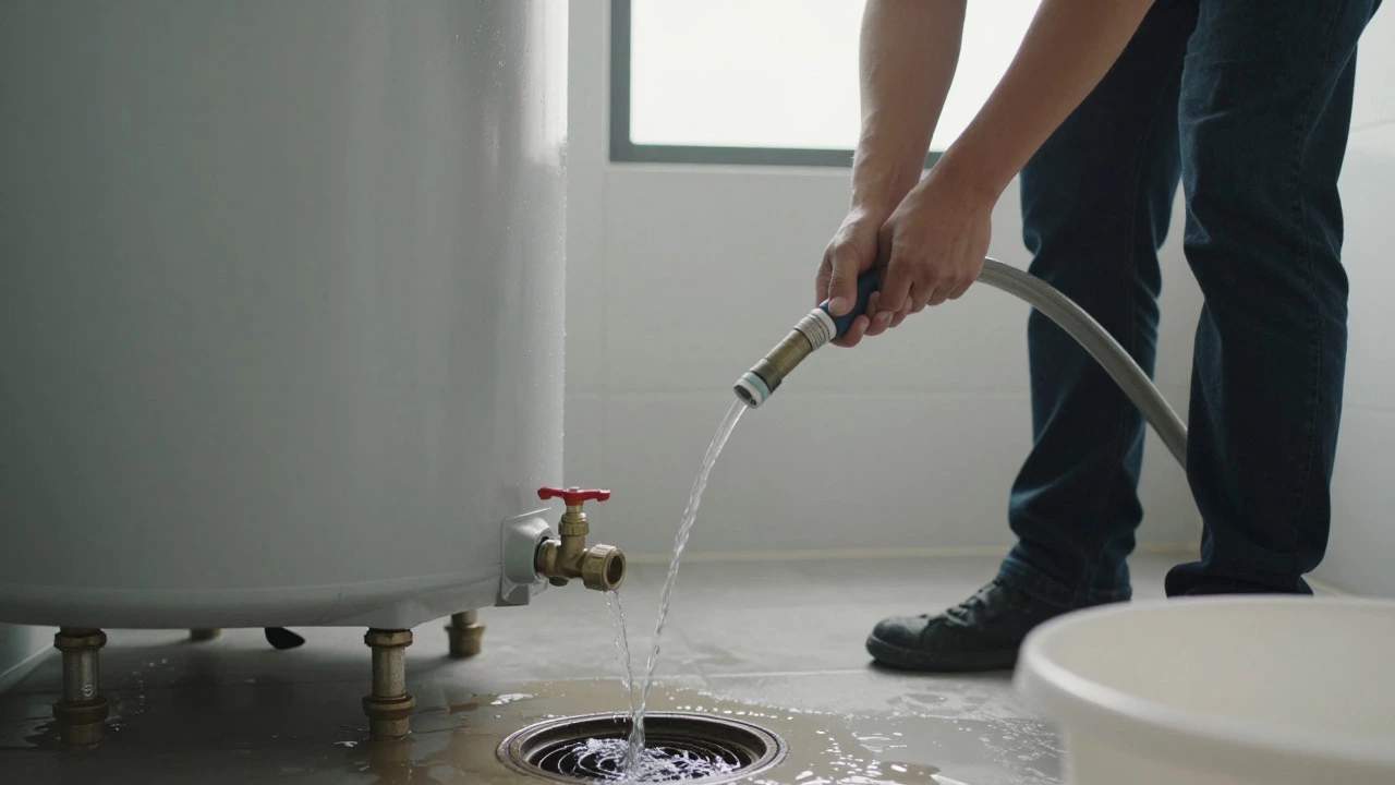 Person flushing a water heater using a garden hose connected to the drain valve