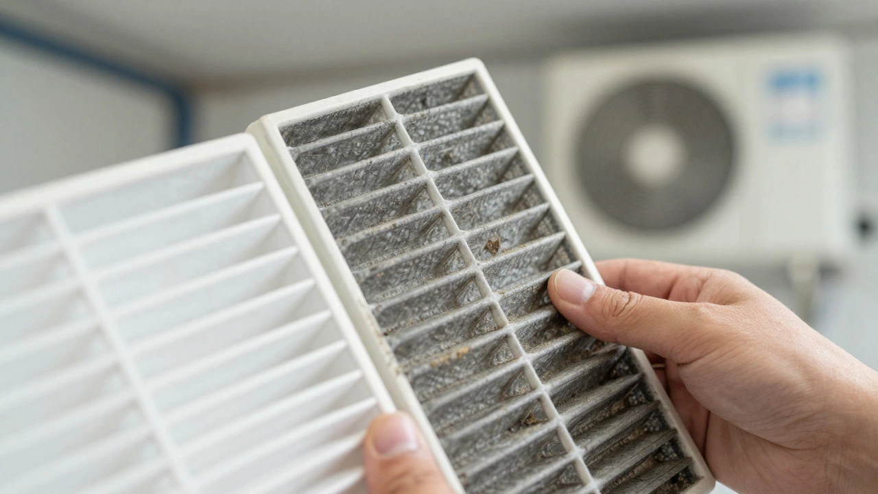 Technician comparing a dirty clogged air filter with a clean new one in close-up