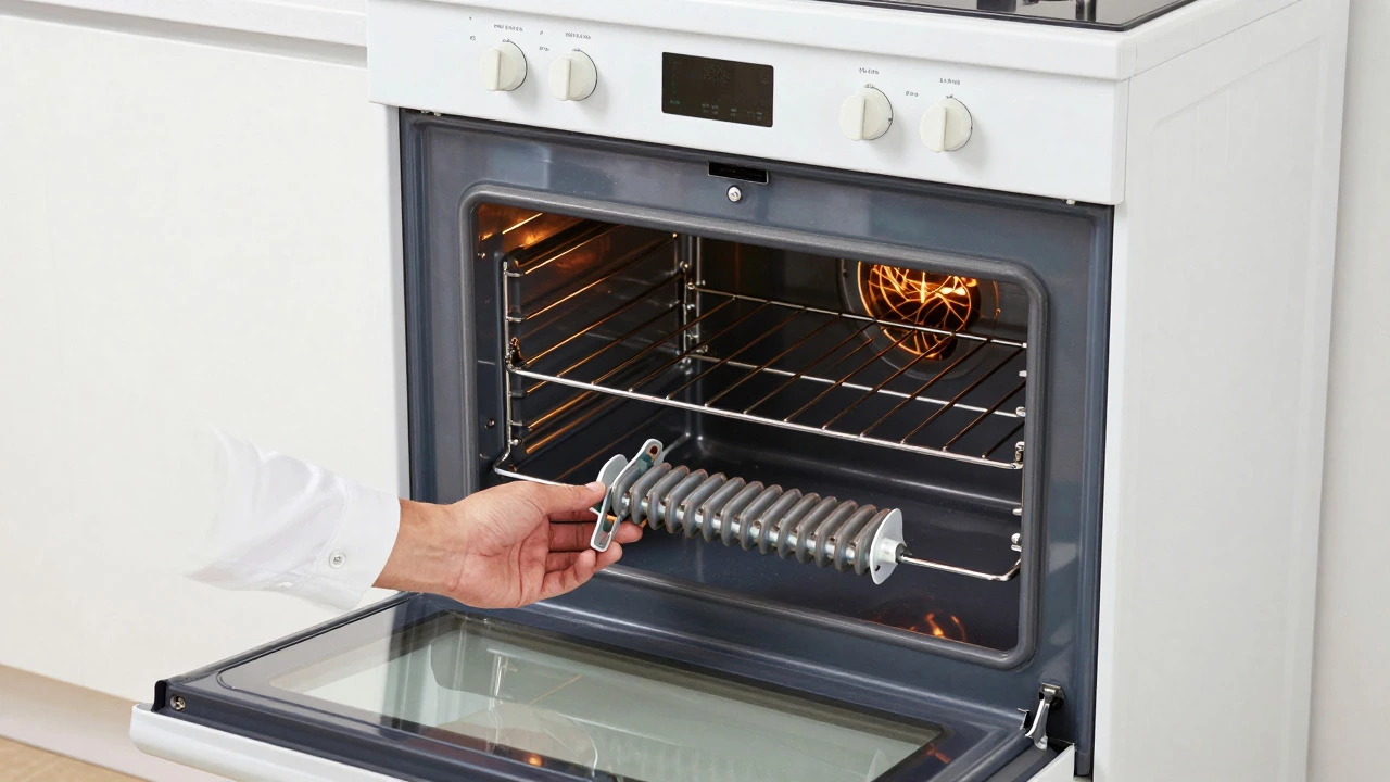 Technician inspecting heating elements inside an open freestanding oven