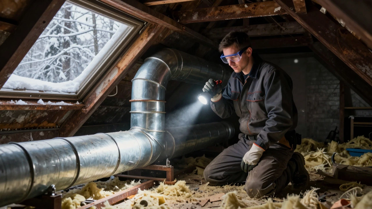Technician inspecting rusted ductwork in a snowy attic space