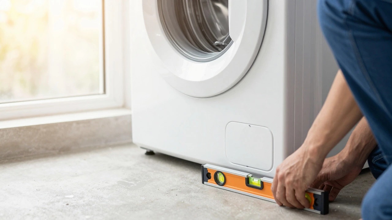 Technician leveling a washing machine to prevent vibration damage