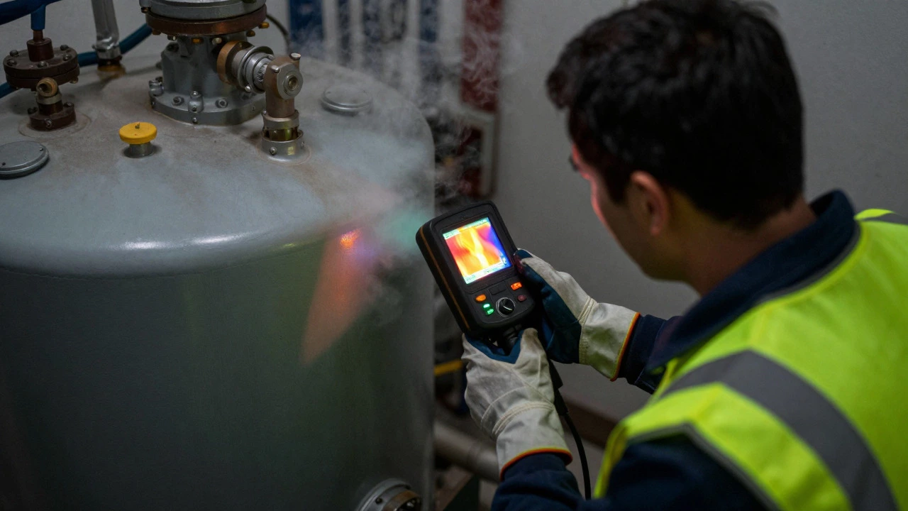 Technician using a thermal camera to inspect a gas boiler for leaks