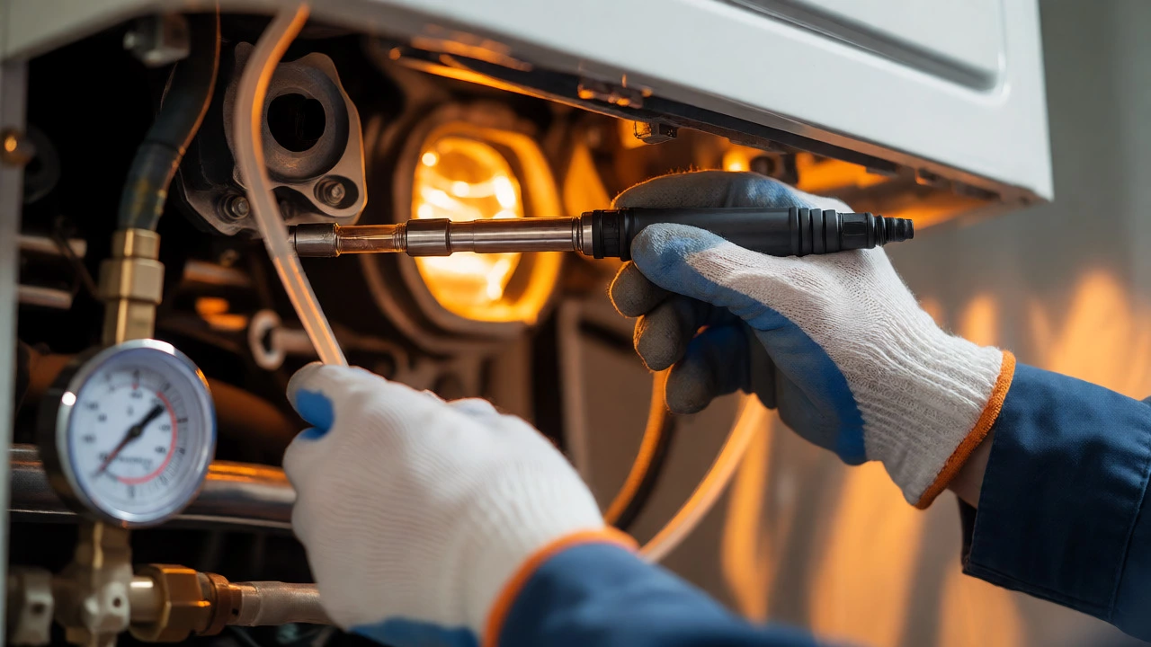 Certified technician using a gas analyzer to service a boiler burner.