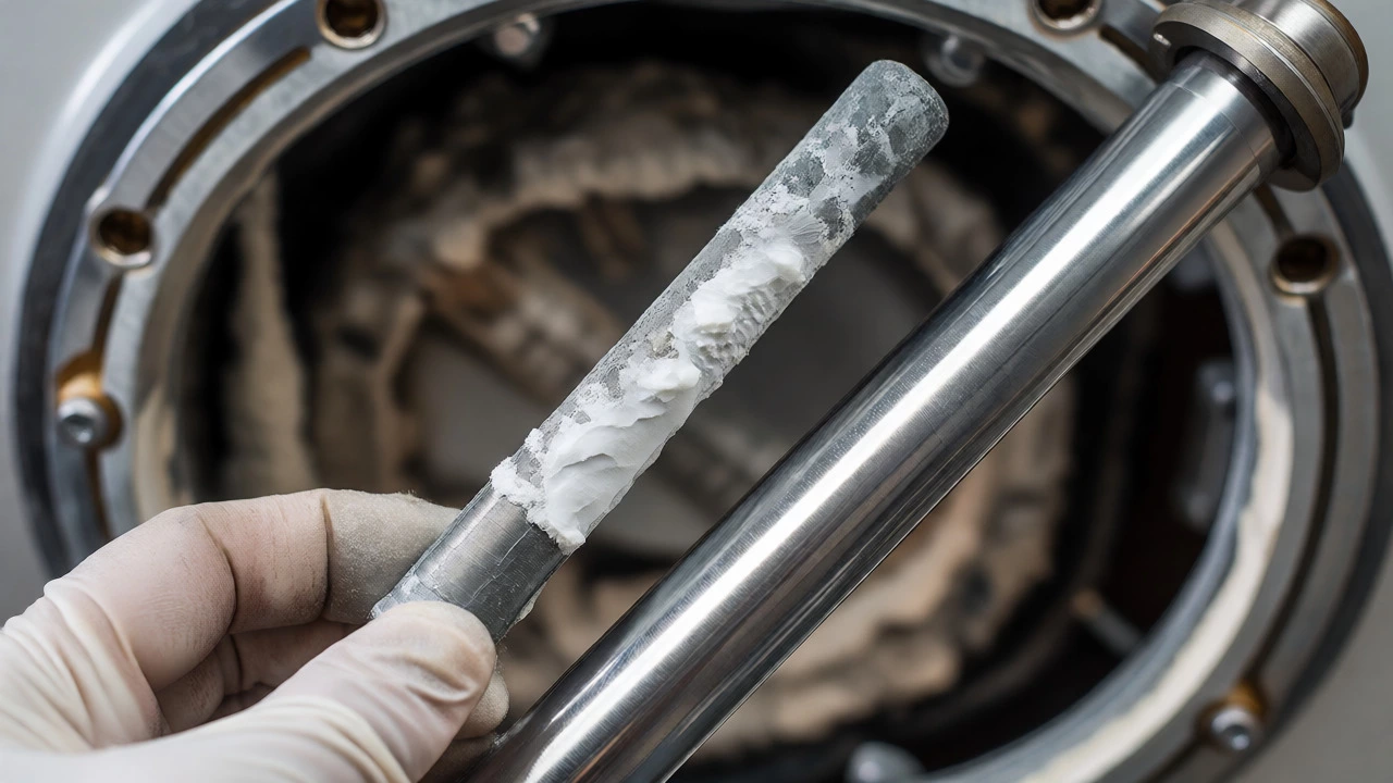 Comparison of a scaled, used anode rod versus a new replacement part for a water heater.