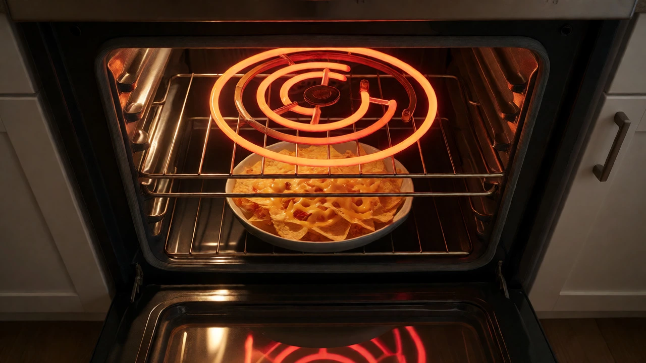 Glowing broil element browning nachos inside an electric oven