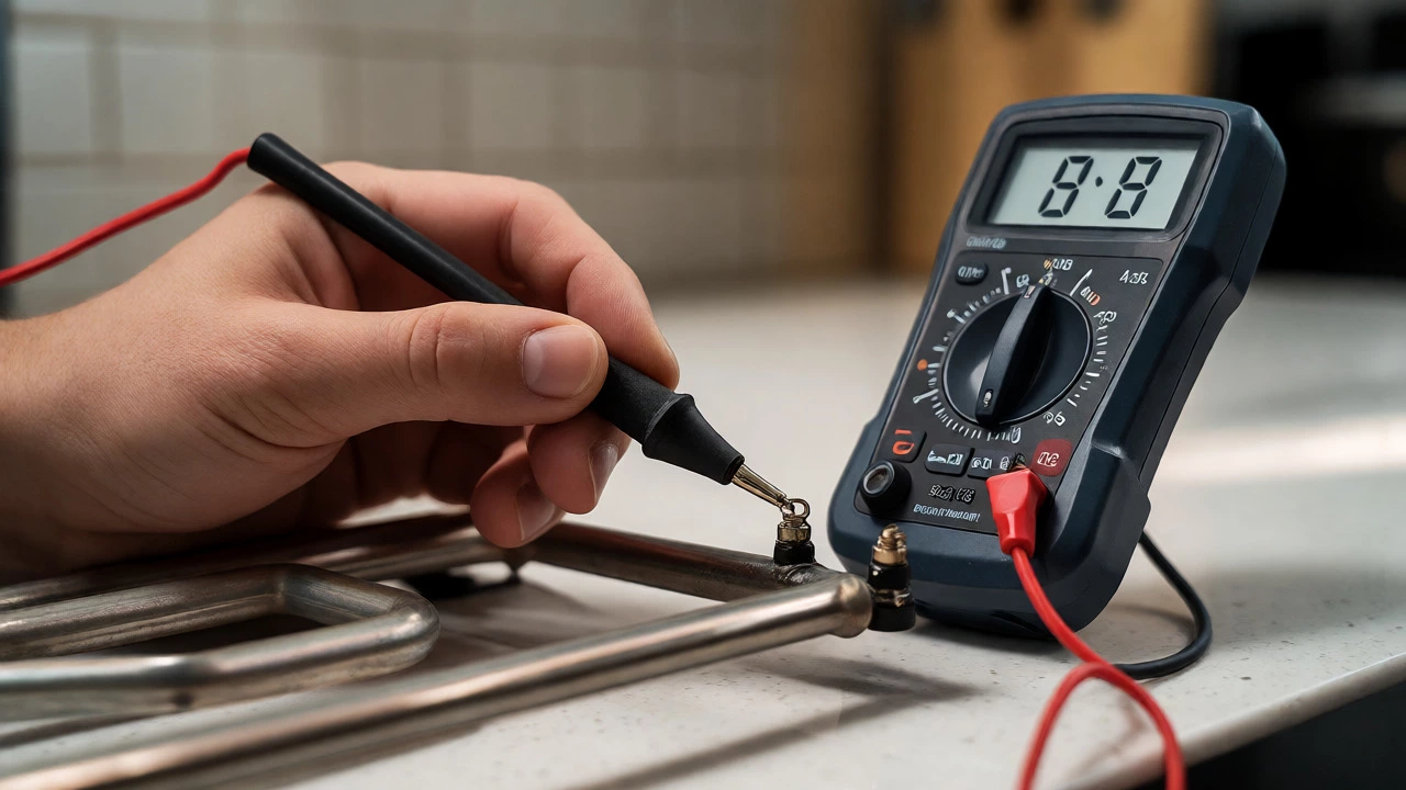 Hand using multimeter to test resistance on oven heating element