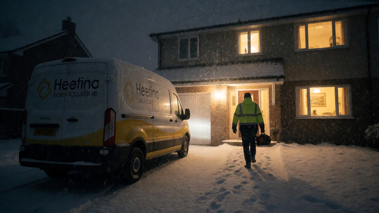 Heating contractor arriving at a snowy home at night to fix the boiler emergency.