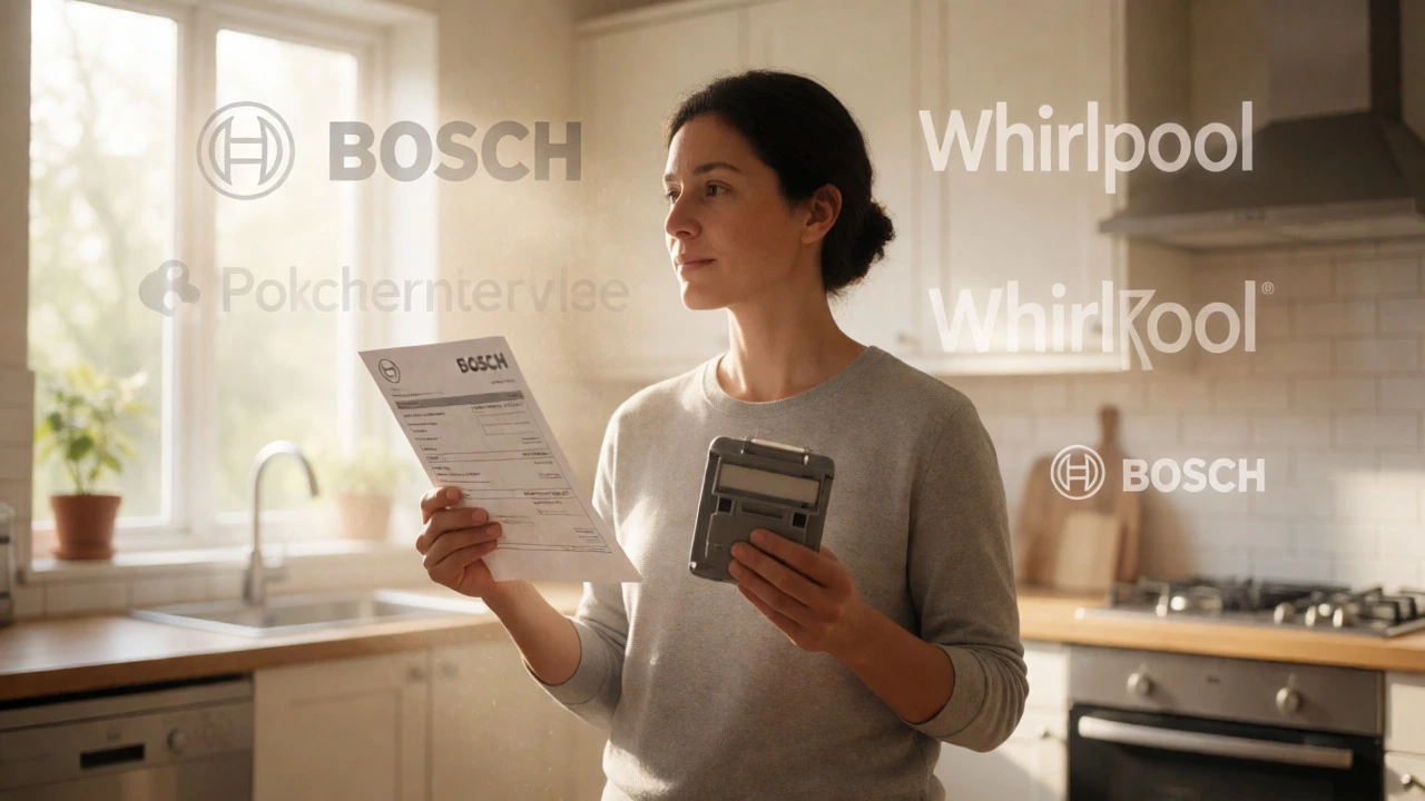 Homeowner evaluating appliance repair costs and brand reliability in a sunlit kitchen.