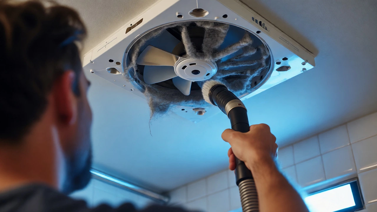 Homeowner vacuuming dust and hair from bathroom ceiling fan blades