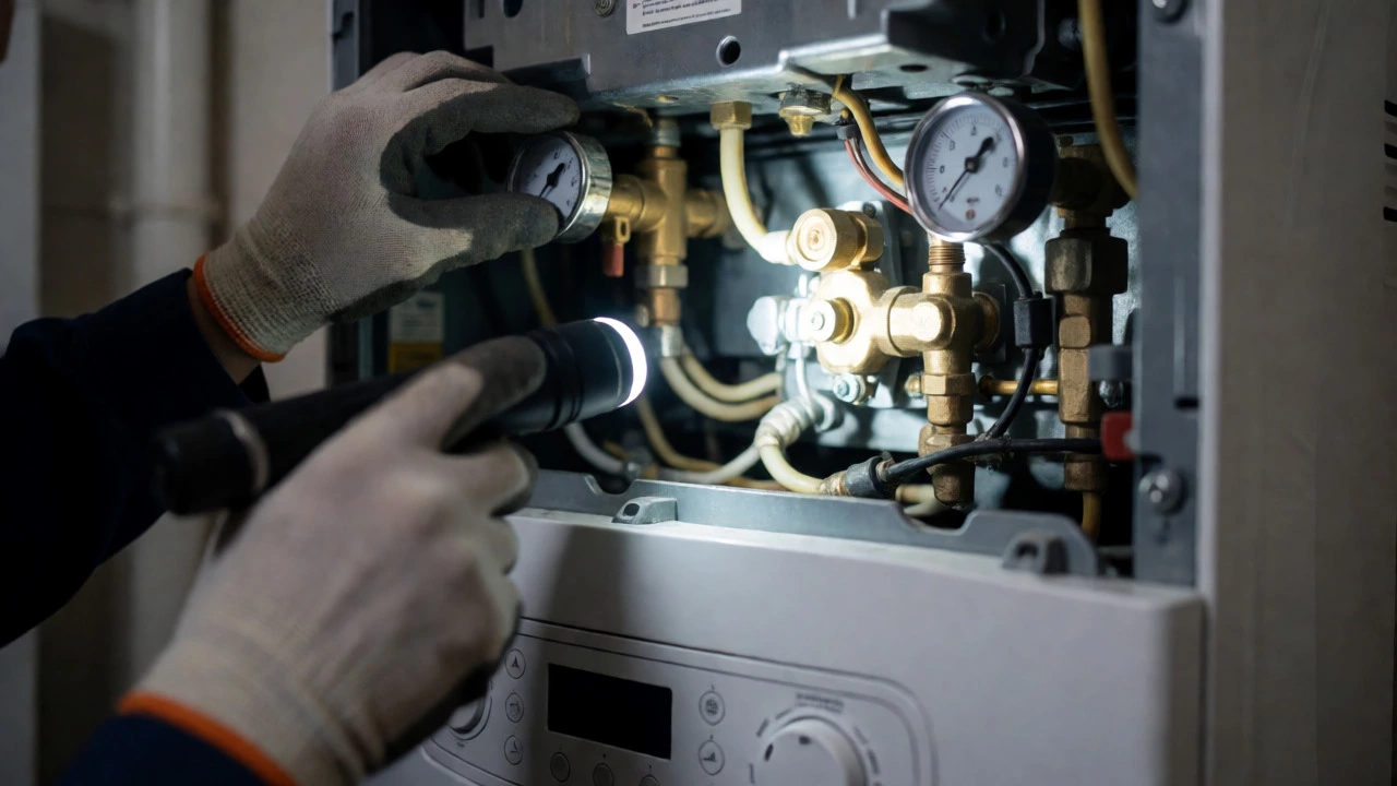 HVAC technician inspecting internal gas boiler components with a flashlight in a utility room.
