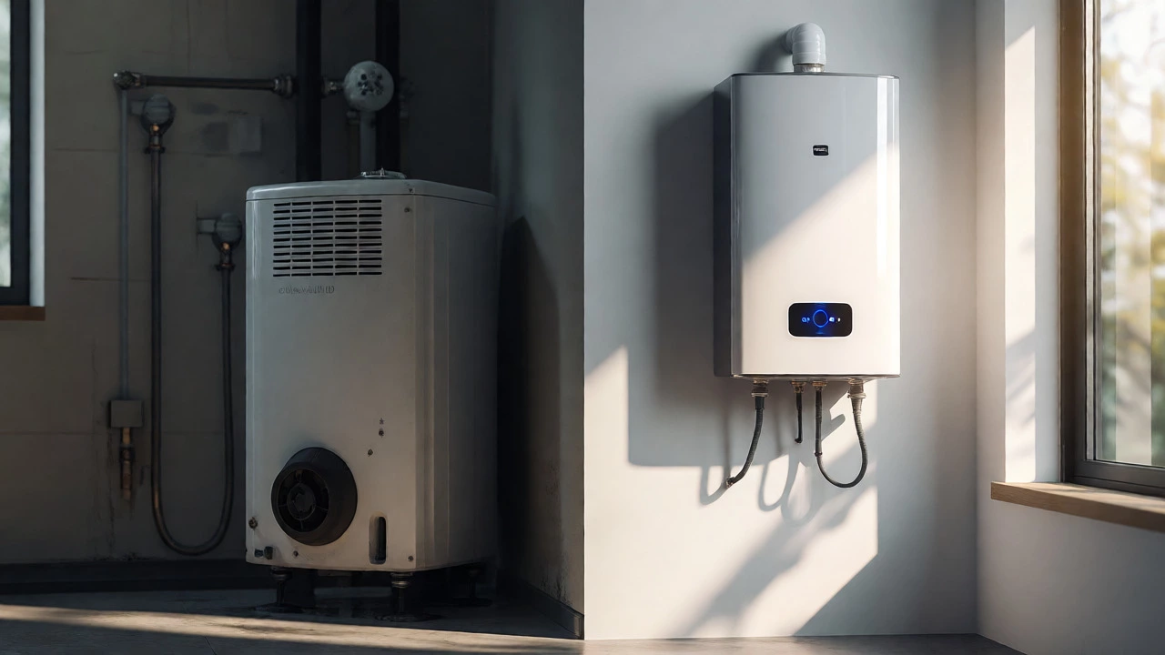 Side-by-side view of an old bulky tank heater and a modern sleek tankless unit.