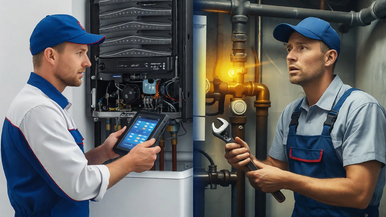 Split view comparing a professional HVAC technician with an unqualified handyman.