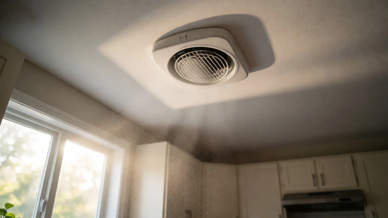 Toilet paper stuck to ceiling fan vent showing suction