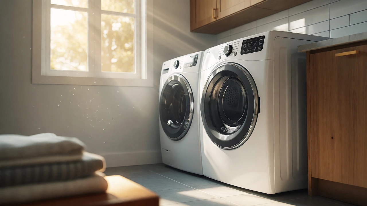 Bright, clean laundry room featuring a new high-efficiency dryer