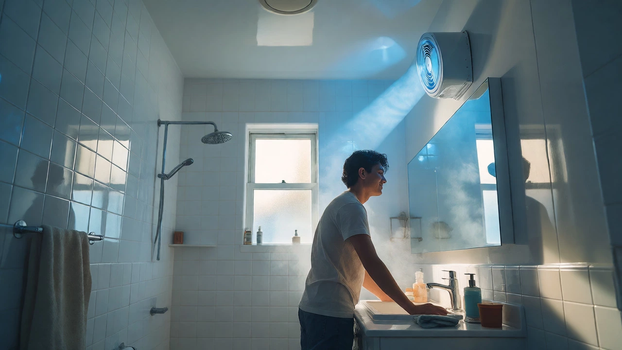 Clean bathroom with a functioning extractor fan clearing steam from the mirror