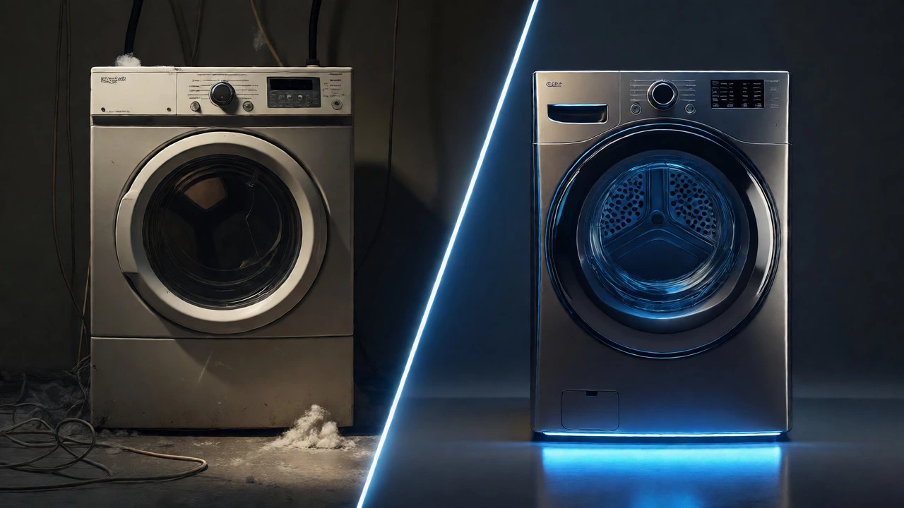 Conceptual split view comparing an old inefficient dryer with a new modern model