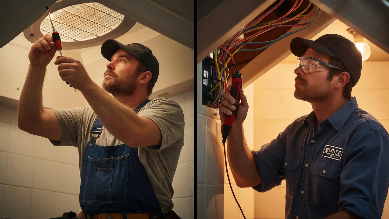 Handyman and electrician working on ceiling fan