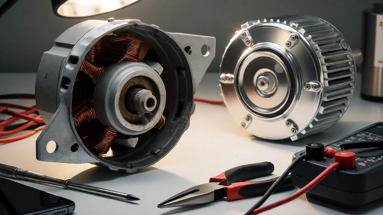 Old and new extractor fan motors compared on a workbench with tools