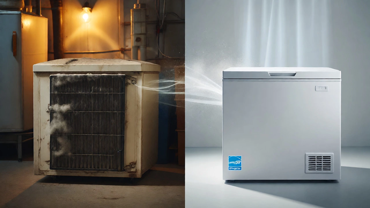 Side-by-side comparison of an old dusty freezer and a new energy-efficient model