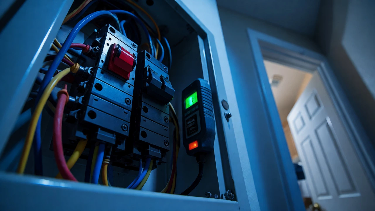 Tripped breaker panel and voltage tester near bathroom